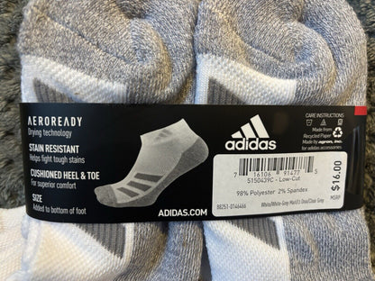 ADIDAS Youth Cushioned Aeroready Low Cut Socks 6 Pair Shoe Size 3Y-9  ~NWT~