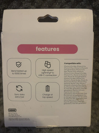 Charge Up 6 ft. (1.8 m) USB-C to Lightening Cable, Color Pink, ~New in Box~ 