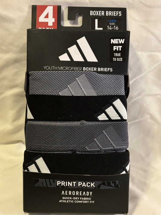 adidas Microfiber Youth Boxer Brief Underwear, 4 Pack, Large, Grey/Black NEW