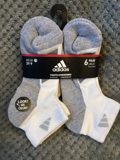 ADIDAS Youth Cushioned Aeroready Low Cut Socks 6 Pair Shoe Size 3Y-9  ~NWT~