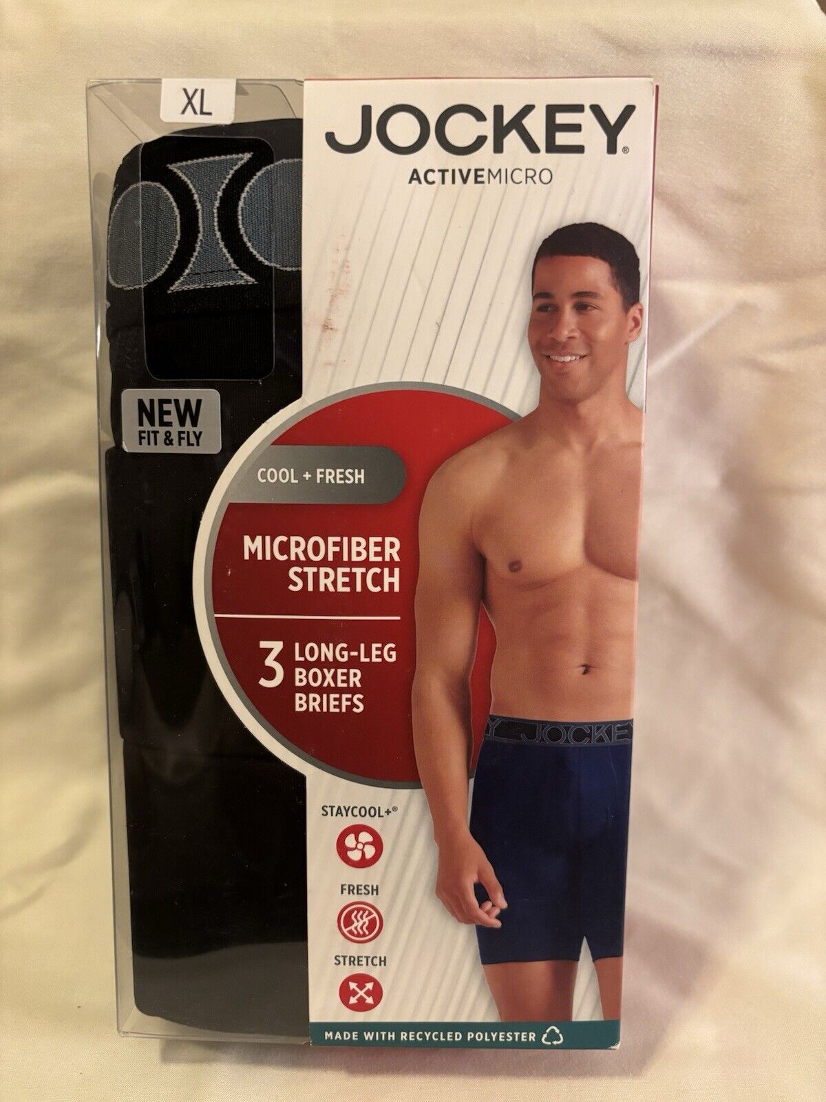 Jockey ActiveMicro Boxer Briefs 3 Pack Men XL Long Black Microfiber Stretch NEW