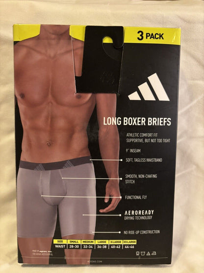 adidas Microfiber Men's Boxer Briefs, 3 Pack, M Long 32-34, Black/Blue/Grey NEW