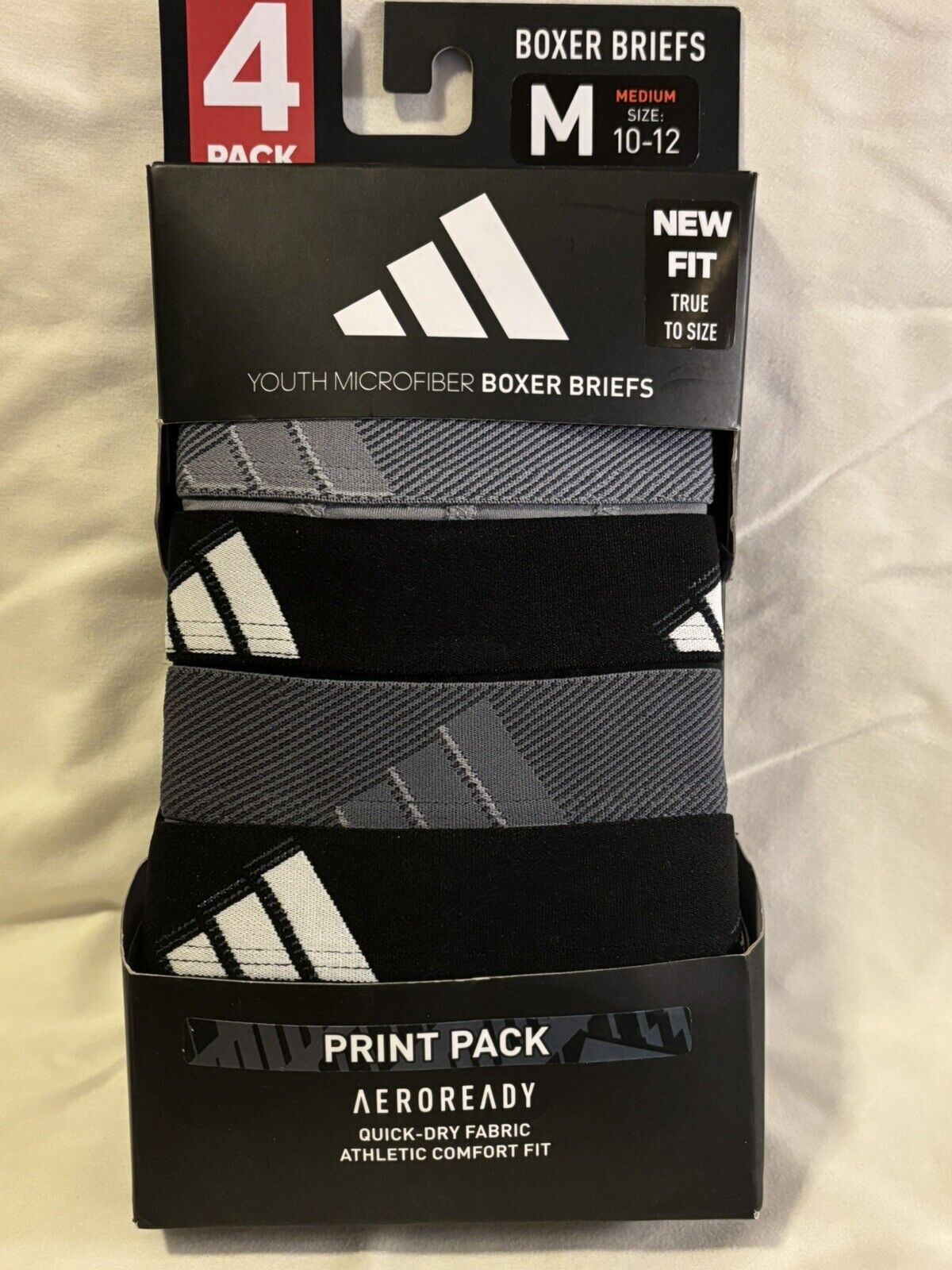 adidas Microfiber Youth Boxer Brief Underwear, 4 Pack, Medium, Grey/Black NEW