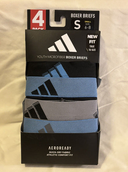 adidas Microfiber Youth Boxer Brief Underwear, 4 Pack, Small, Blue/Black NEW