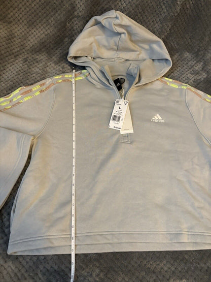 Adidas Hooded Cropped Sweatshirt Women L Wonder Silver Hoodie Loose Fit ~NWT~