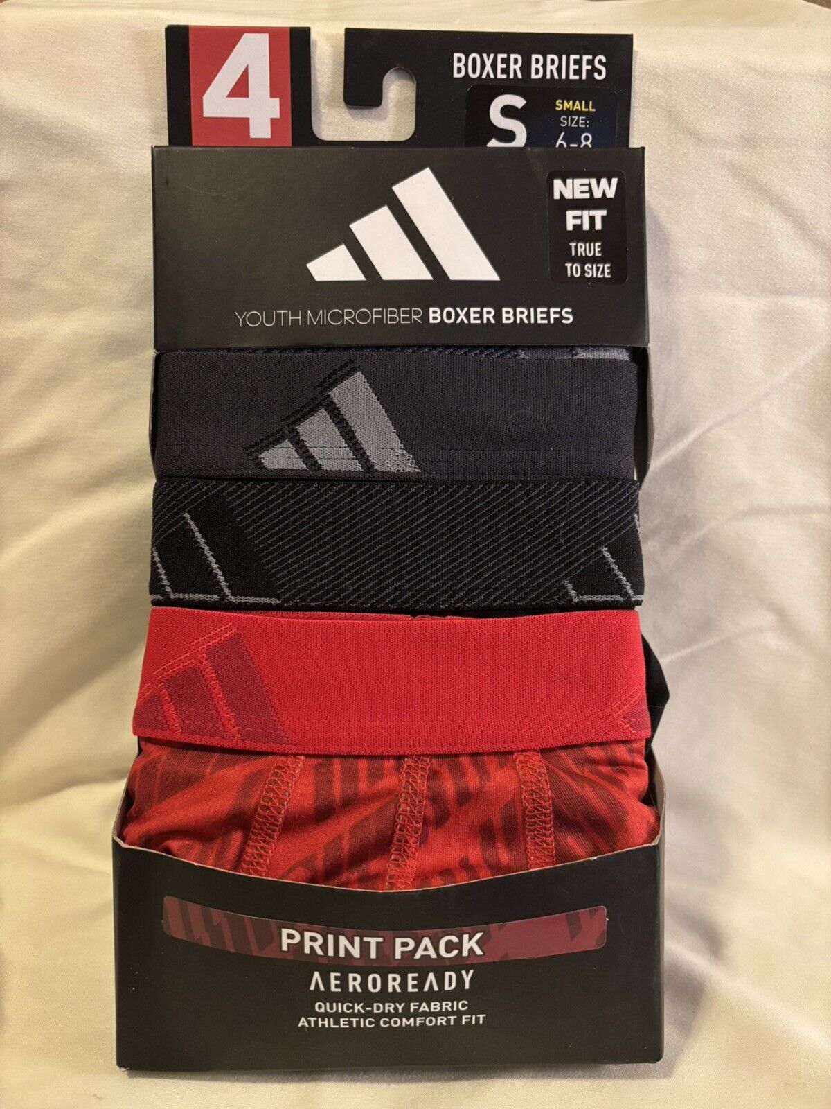 adidas Microfiber Youth Boxer Brief Underwear, 4 Pack, Small, Red/Black NEW