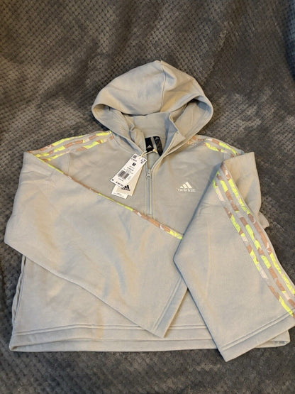 Adidas Hooded Cropped Sweatshirt Women M Wonder Silver Hoodie Loose Fit ~NWT~