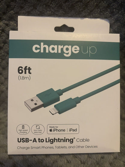 Charge Up 6 ft. (1.8 m) USB-C to Lightening Cable, Color Teal, ~New in Box~ 