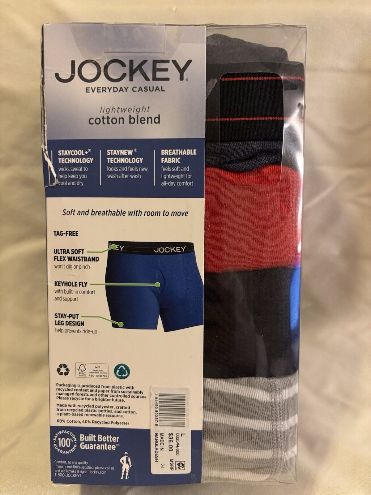 Jockey Everyday Casual Boxer Briefs 4 Pack Men Large MultiColor Cotton Blend NEW