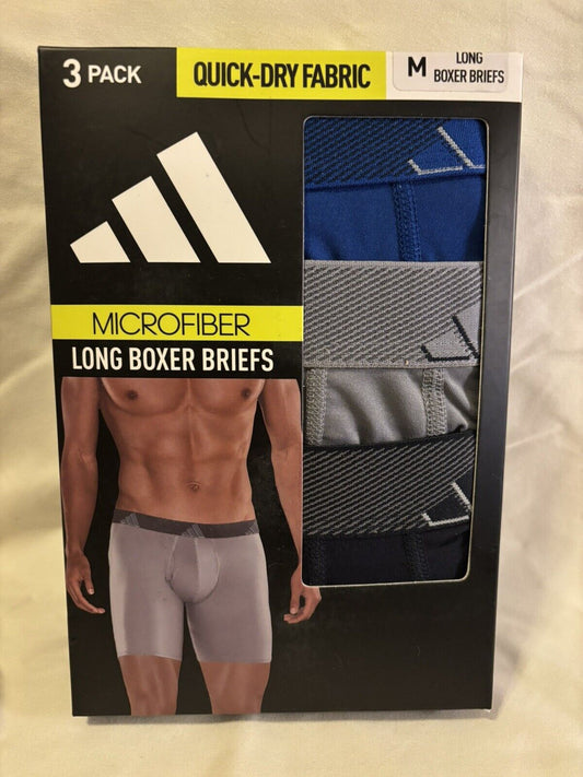 adidas Microfiber Men's Boxer Briefs, 3 Pack, M Long 32-34, Black/Blue/Grey NEW