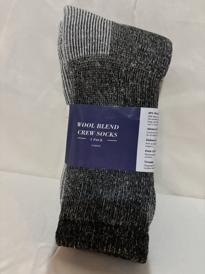 Merino Wool Blend Crew Socks, 1 Pack, Unisex, Grey/Black, New in Package