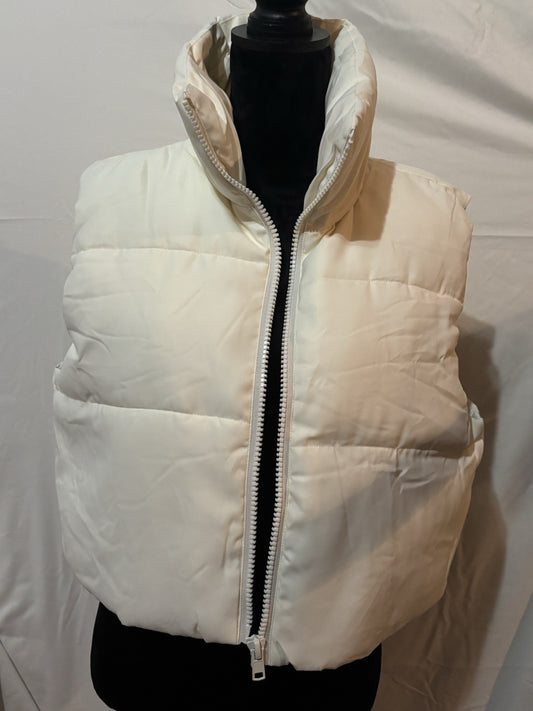 Merokeety Sleeveless Zip Up Crop Puffer Vest, White, Ladies Size L, NEW w/TAGS