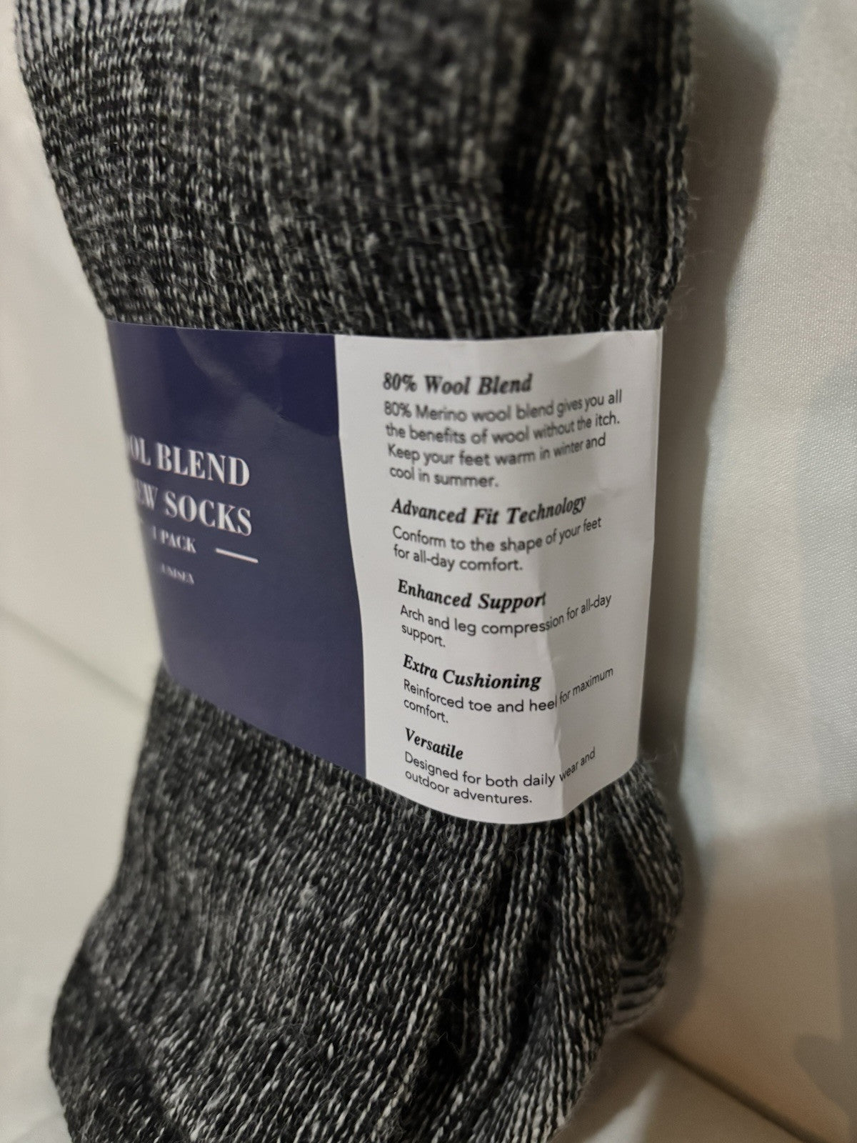 Merino Wool Blend Crew Socks, 1 Pack, Unisex, Grey/Black, New in Package