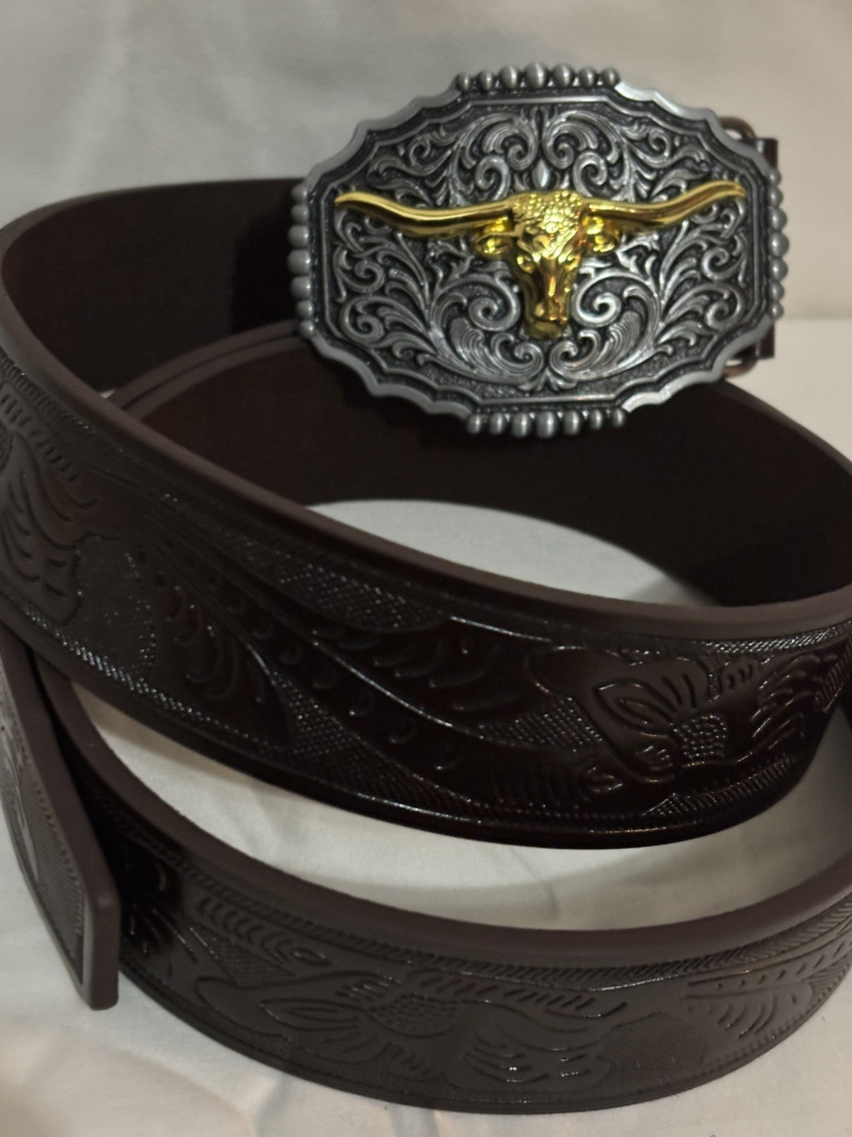 Luchengyi Men's Western Leather Belt, Brown with Steer Buckle, 36-42" Fit, ~NEW~