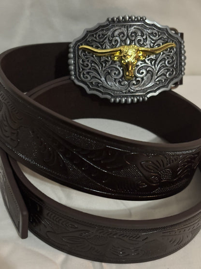 Luchengyi Men's Western Leather Belt, Brown with Steer Buckle, 36-42" Fit, ~NEW~